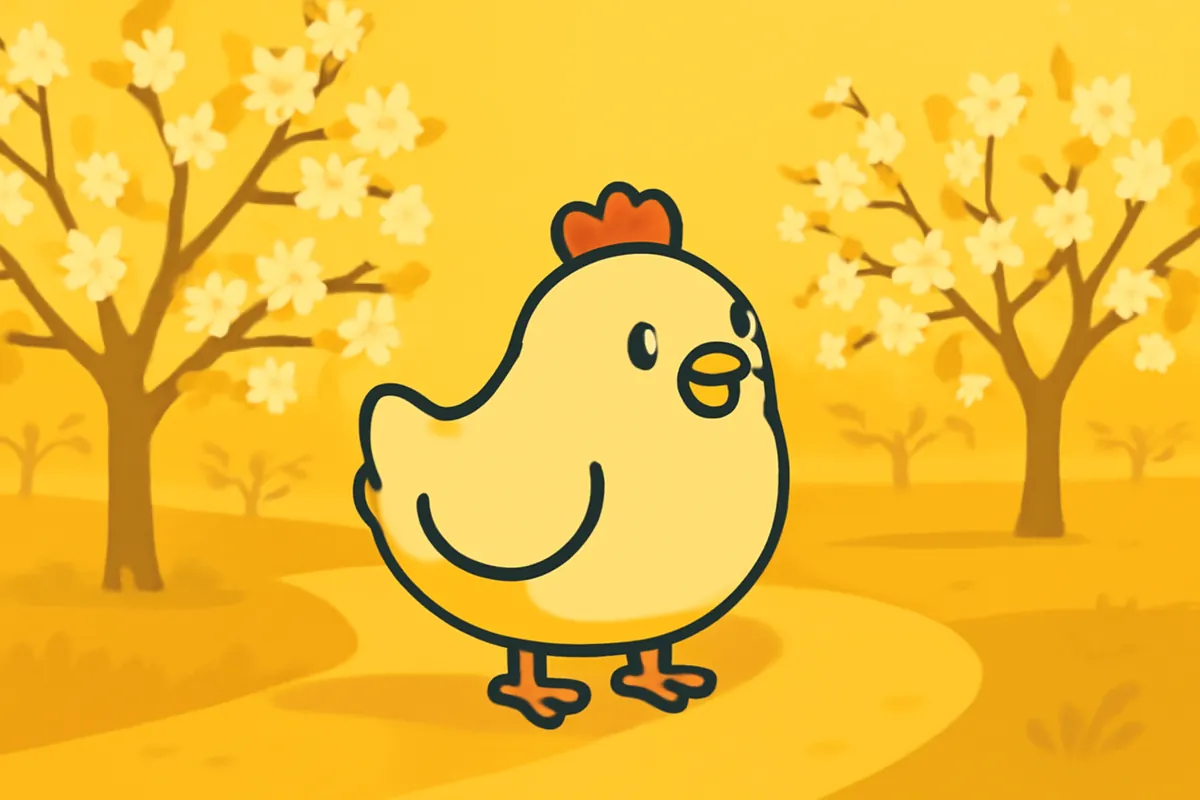 Illustration: Das Chicken-Road-Huhn unterwegs auf einer Landstraße